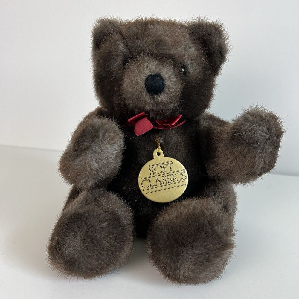 Vtg 1989 Dakin Soft Classics Brown Teddy Bear Plush Red Bow Medallion Korea